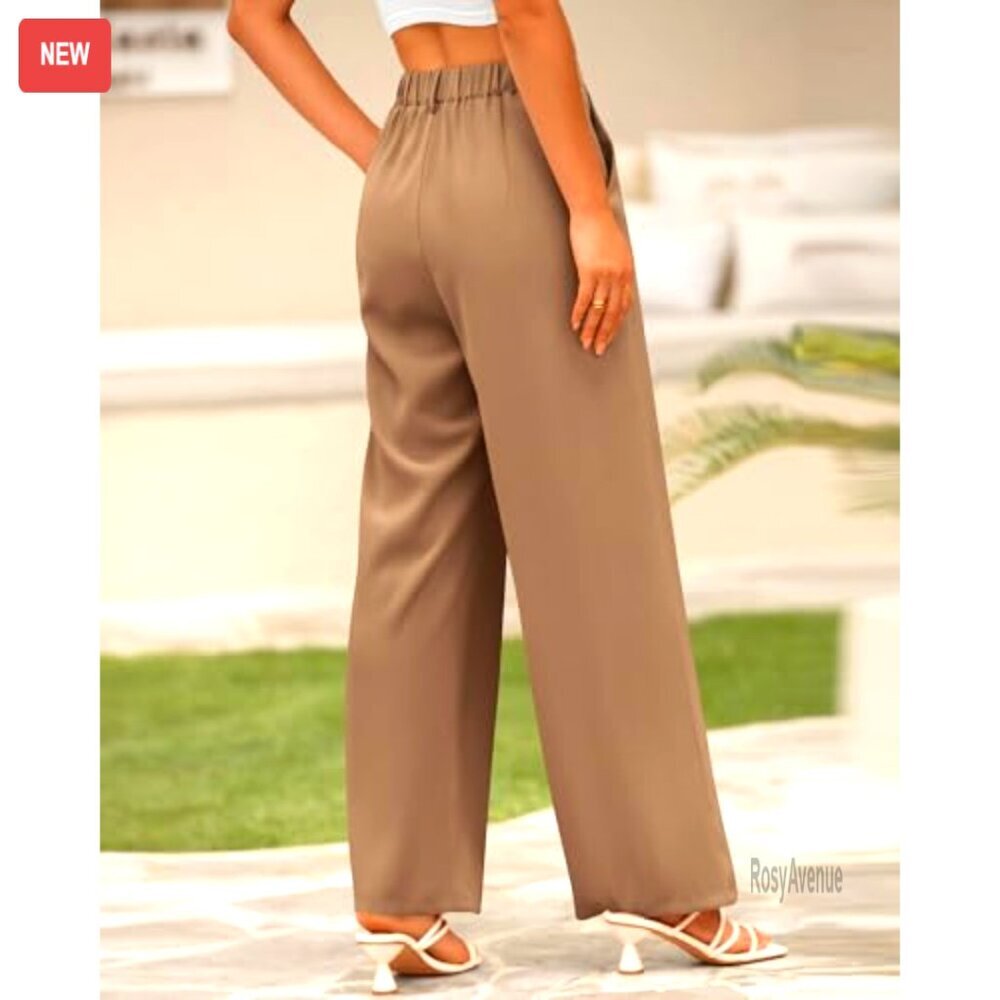 High Waist Wide Leg Palazzo Pants Casual Office Trousers with Pockets - Picture 4 of 7